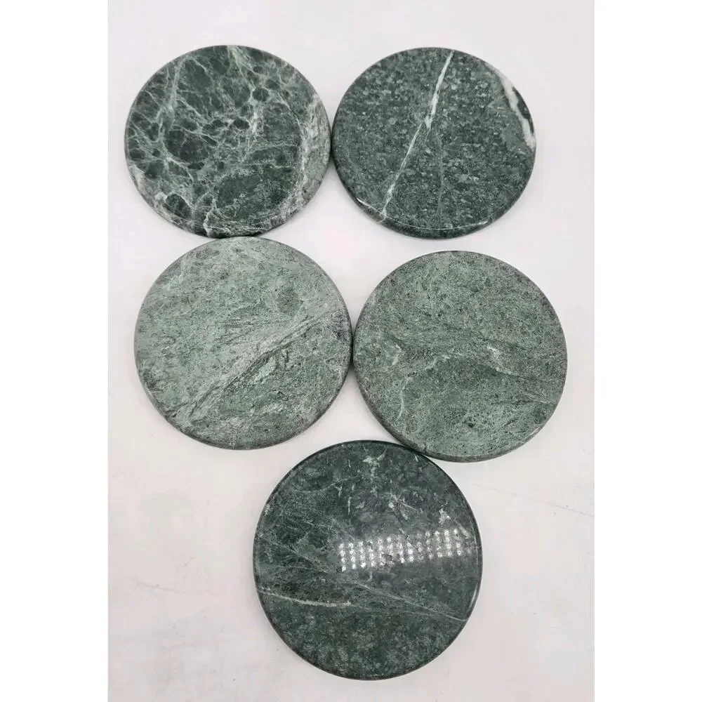 5 Vintage 1980s Classic Green Marble Round Coasters Cork Bottoms 4 Inches